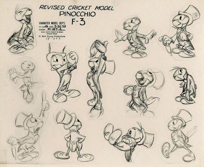 null PINOCCHIO - Studio Disney, 1940. Photostat original du model sheet de Jiminy....