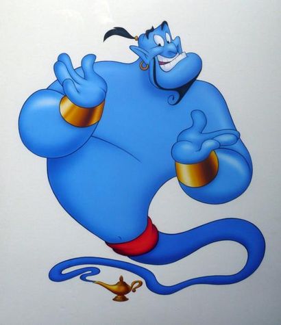 null ALADDIN - Studio Disney 1992. Grand dessin original du Génie. Encadré. 56 x...