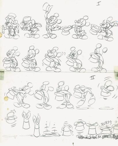 Studio Disney Beau dessin de Mickey en magicien. Mine de plomb. Signé Patrick Cohen....