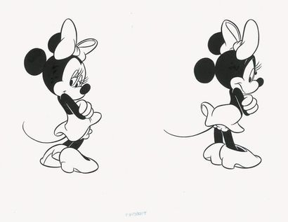 Studio Disney Ensemble de trois dessins avec Mickey, Minnie et Pluto. Encre de chine....