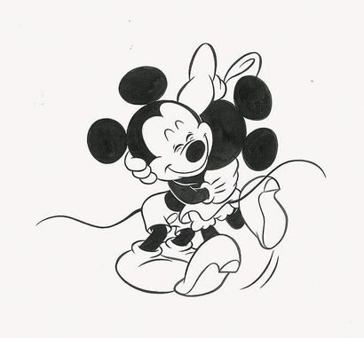 Studio Disney Ensemble de trois dessins avec Mickey, Minnie et Pluto. Encre de chine....