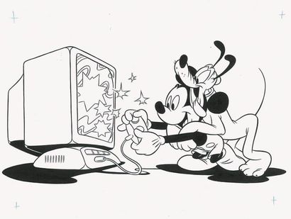 Studio Disney Ensemble de trois dessins avec Mickey, Minnie et Pluto. Encre de chine....