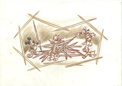 Studio Disney Ensemble de trois dessins au crayons de couleur sur calque sur le thème...