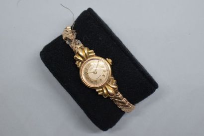 null Montre bracelet de dame, boîtier en or jaune 18k (750), cadran rond à fond doré...