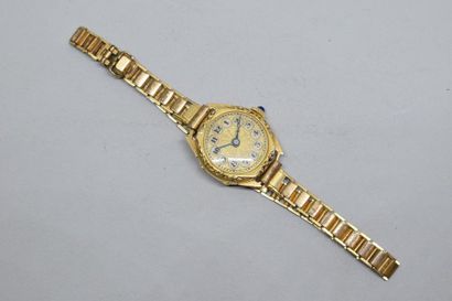 null Montre bracelet de dame, boîtier en or jaune 18k (750), cadran à fond doré et...