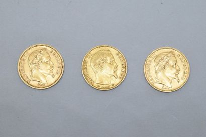 Trois pièces en or de 20 Francs Napoléon...