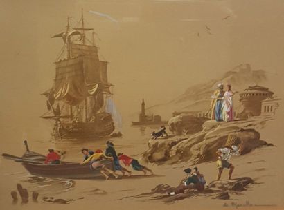 null DE MARCILLAC (XIXème-XXème siècle)

Scène portuaire,

Pochoir, gouache et aquarelle...