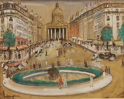 null GÉNIN Lucien, 1894-1953,
La rue Soufflot et le Panthéon
Aquarelle gouachée (traces...