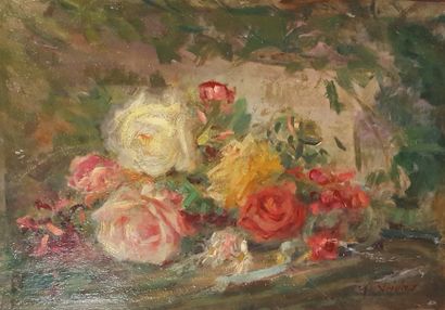 null ARIDAS Auguste, né en 1848, 

Les roses, 

huile sur carton (griffures), signé...