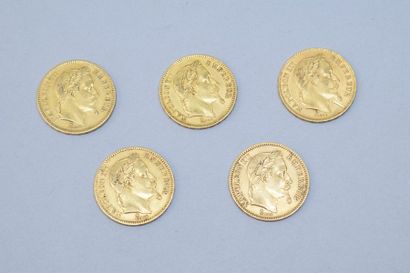 Lot de 5 pièces en or de 20 francs Napoléon...