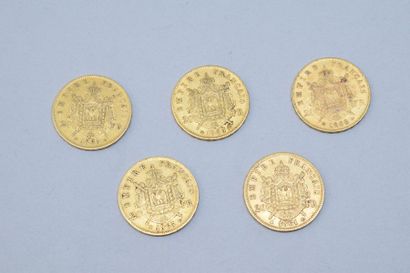 null Lot de 5 pièces en or de 20 francs Napoléon III, tête lauré. (1861 A ; 1863...