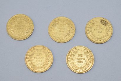 null Lot de 5 pièces en or de 20 francs Napoléon III tête nue (1854 A ; 1857 A ;...