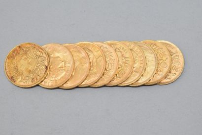 Lot de 10 pièces en or de 20 francs Vreneli...