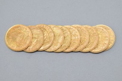 null Lot de 10 pièces en or de 20 francs Vreneli (1922 B ; 1935 LB x 6 ; 1947 B x...