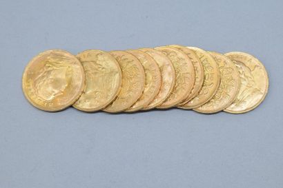 Lot de 10 pièces en or de 20 francs Vreneli...