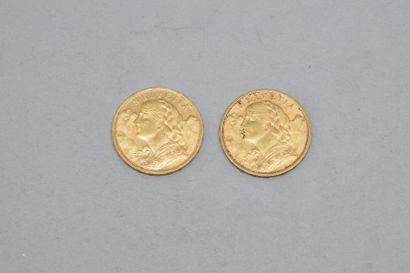 null Deux pièces en or 20 francs Vreneli - 1901 B et 1902 B

Avers : personnification...