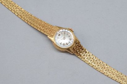 null Montre bracelet de dame en or jaune 18k (750), boîtier rond, cadran à fond gris...
