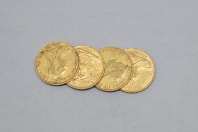 Quatre pièces en or 1 souverain Victoria...
