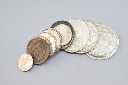 null Lot de pièces en argent comprenant :

50 cts 1919, 1 Franc 1919, 2 Francs 1916,...