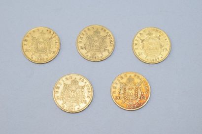 null Lot de 5 pièces en or de 20 francs Napoléon III, tête lauré (1862 A x 2 ; 1867...