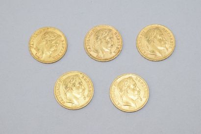 Lot de 5 pièces en or de 20 francs Napoléon...