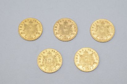 null Lot de 5 pièces en or de 20 francs Napoléon III, tête lauré. (1864 BB ; 1865...