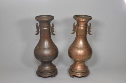 null INDOCHINE - Vers 1900

Paire de vases balustres à deux anses sur socle en bronze...