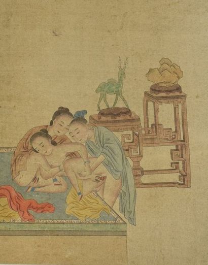 null CHINE - Fin XIXe siècle

Ensemble de six peintures polychromes sur papier, représentant...