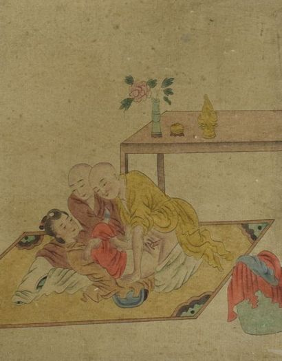 null CHINE - Fin XIXe siècle

Ensemble de six peintures polychromes sur papier, représentant...