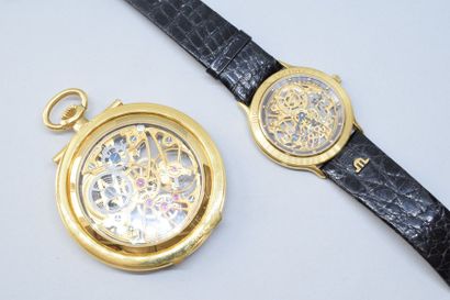null Deux montres «squelette» en métal doré, la première bracelet d'homme mécanique,...