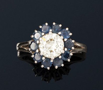 null 

Bague en platine et or gris 18K (750) ornée d'un diamant demi taille entouré...