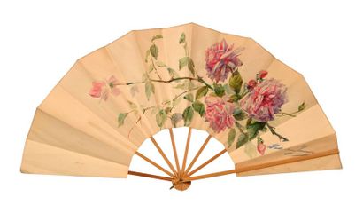  Les roses - Madeleine Lemaire 
Eventail, la feuille en papier peinte à l'aquarelle...