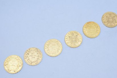 null Six pièces en or de 20 Francs Napoléon III :

- tête nue x 4 (1853 A ; 1856...