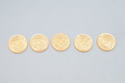 null Cinq pièces en or de 20 Francs Vreneli (1935 LB x 2 ; 1947 B x 2 ; 1949 B).

TTB...