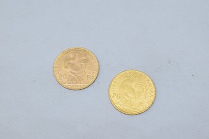 null Deux pièces en or de 20 Francs Coq Liberté, égalité, fraternité 1908 et 1911....