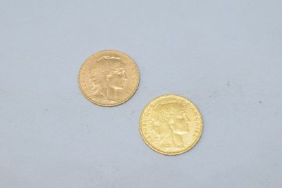 null Deux pièces en or de 20 Francs Coq Liberté, égalité, fraternité 1908 et 1911....