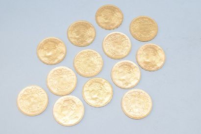 null Treize pièces en or de 20 Francs Vreneli (1918 B ; 1930 B ; 1935 LB x 10 ; 1947...