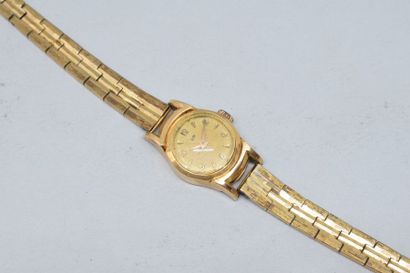 null Montre bracelet de dame, boîtier rond en or jaune 18k (750), cadran à fond doré...