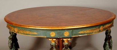 null Importante table de salle à manger en bois doré et laqué brun et vert de forme...