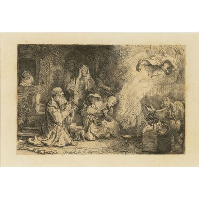  REMBRANDT VAN RIJN (1606-1669)
L'ange prenant congé de la famille de Tobie
Eau-forte
Epreuve... Gazette Drouot