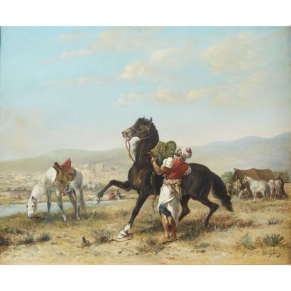  GEORGES WASHINGTON (1827-1910)
LE DRESSAGE DU CHEVAL ARABE
TAMING THE HORSE
Huile... Gazette Drouot