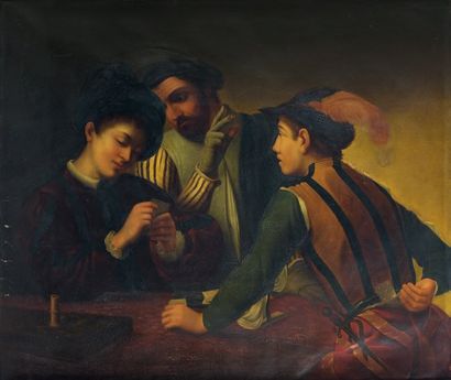 ÉCOLE ITALIENNE DU XIXe SIÈCLE, SUIVEUR DU CARAVAGE LES TRICHEURS Toile 110 X 132... Gazette Drouot