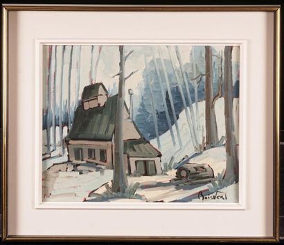 null BOISVERT, Normand (1950-)
"Maple grove in winter with green roof, P.Q." 
 Oil...