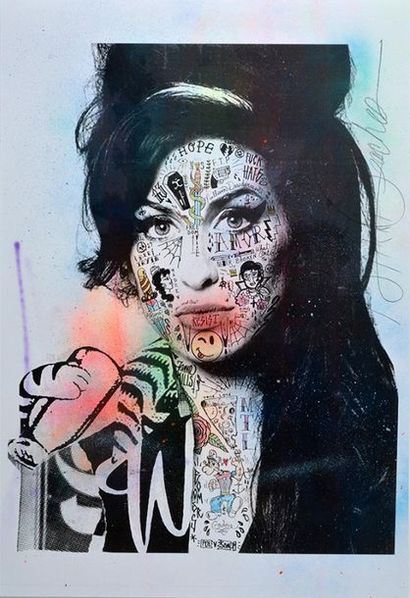 null STIKKI PEACHES (active 21st C.)
 "Amy Winehouse"
Silkscreen with aerosol paint
Signed...