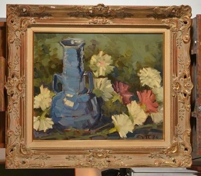 null AYOTTE, Léo (1909-1976)
Nature morte au vase bleu et fleurs
Huile sur toile
Signée...