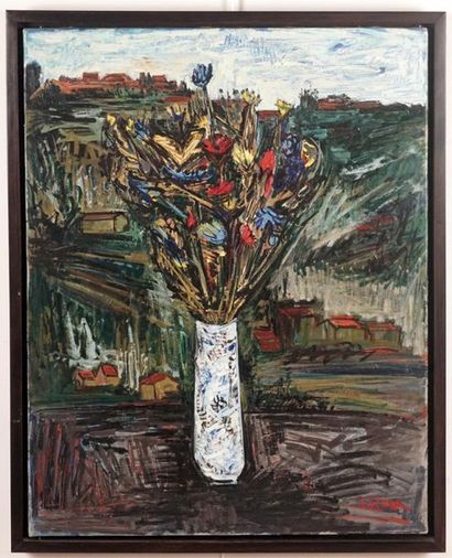 null KISCHKA, Isis (1908-1973)
"Bouquet en plein air"
Huile sur toile
Signée en bas...