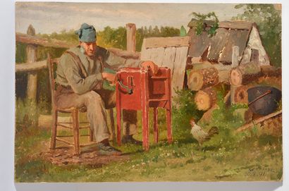 null RAPHAEL, William (1833-1914) 
"Habitant grinding grain" 
Oil on cardboard 
Signed...