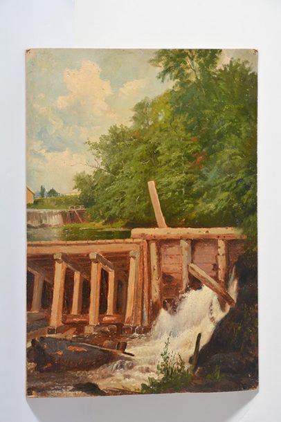 null RAPHAEL, William (1833-1914) 
River locks 
Oil on cardboard 
Monogrammed and...