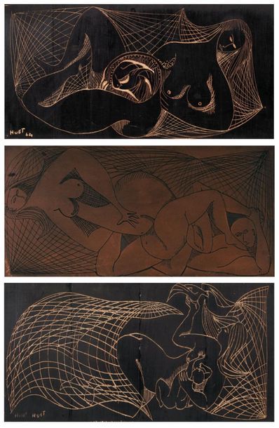 null HUET, Jacques (1932-)
Reclining women
Set of three sculpted wood low-reliefs
Signed...