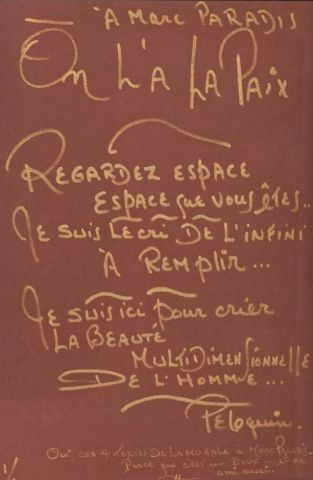null PÉLOQUIN, Claude (1942-2018)
Texte à l'encre d'or sur papier
"À Marc Paradis...